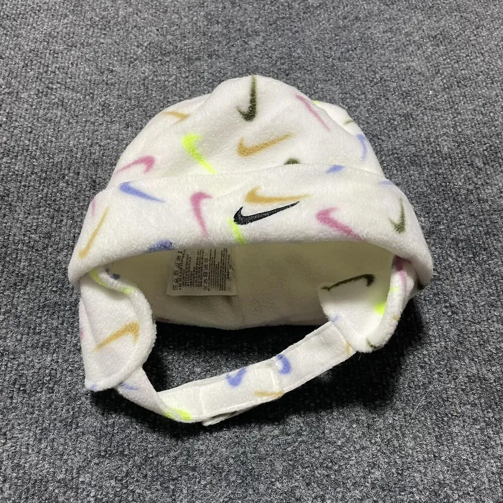 Nike Hat Beanie Fitted Toddler White Multicolor Fleece Ear Flap Winter